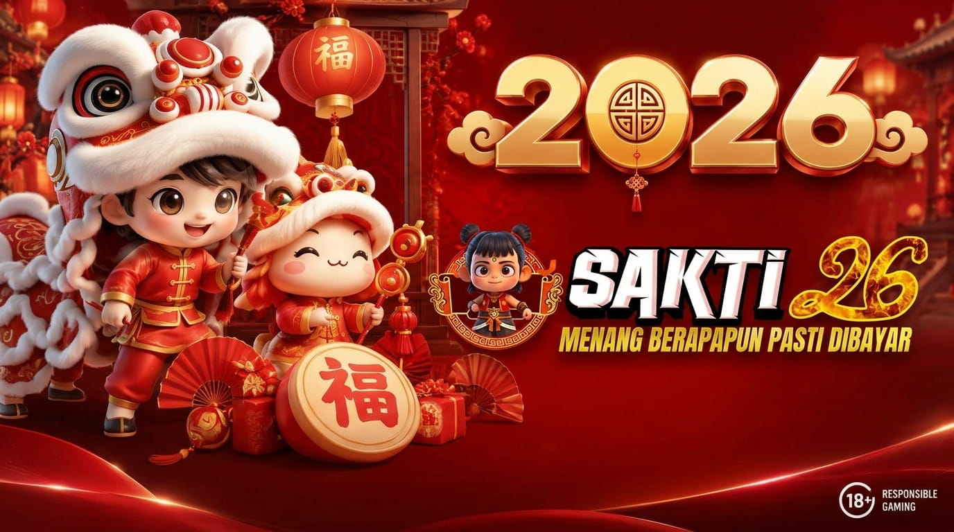 Banner SAKTI26 dengan ilustrasi barongsai dan ornamen Chinese merah emas